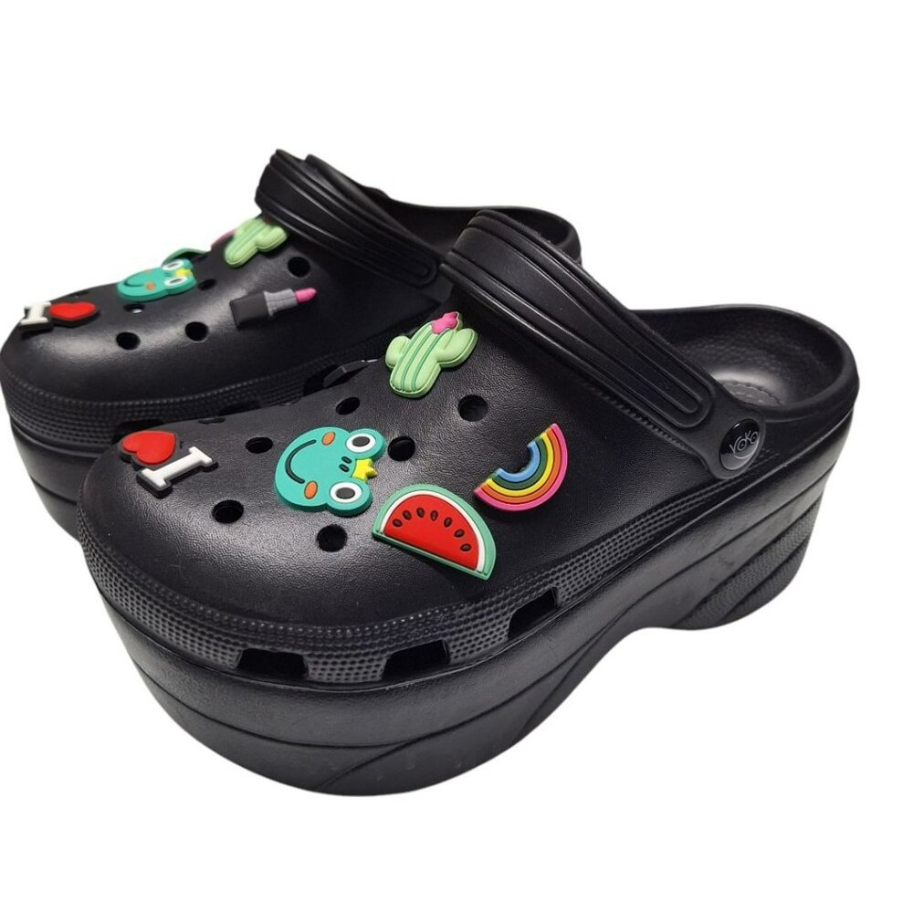 Voko Platform Rubber Clog Charms Embelished Black Basic Womens Size 38 Strap - Picture 11 of 11